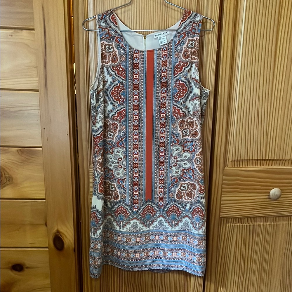 Artisan Ny Red and Blue Sheath Dress Casual Sleeveless Crew Neck